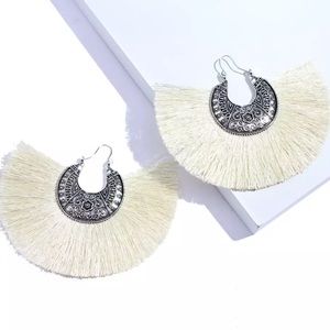 Boho Extra Large White & Silver Fringe Earrings
